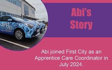 Image of the First City car, with a blue rose wrap to the left. Pink text on a purple banner to the right reads 'Abi's Story' underneath on a pink background is white text reading 'Abi joined First City as an Apprentice Care Coordinator in July 2024