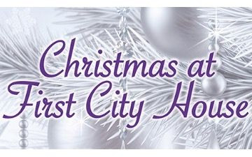 White abstract Christmas tree background with snowflake ornaments and silver baubles, with purple font overlaying reading 'Christmas at First City House'