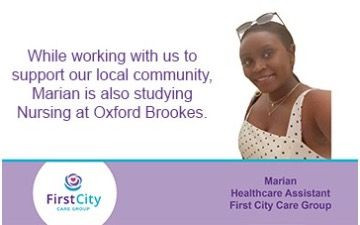 Image of Marian, a first city care worker and purple text reading 'While working with us to support our local community, Marian is also studying Nursing at Oxford Brookes'