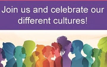 Text reading 'join us and celebrate our different cultures' on a purple background. Lower half of the image is a variety of silhouettes in different colours, representing diversity