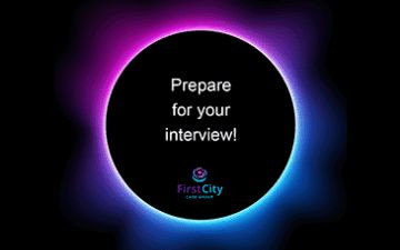 White text reading 'prepare for your interview' with a circular pink, purple and blue glow framing, over a black background